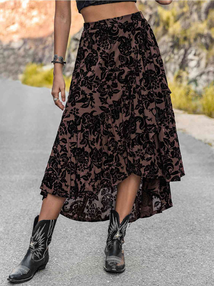 Printed Ruffled Midi Skirt |1mrk.com