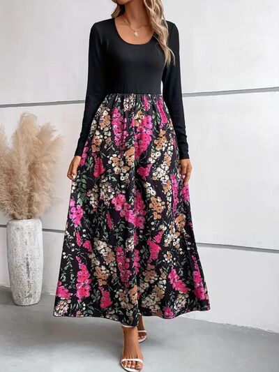 Floral Round Neck Long Sleeve Maxi Dress | 1mrk.com