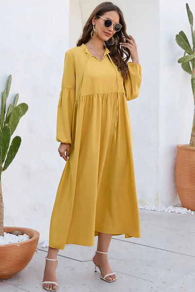 Ruched Tie Neck Balloon Sleeve Midi Dress |1mrk.com