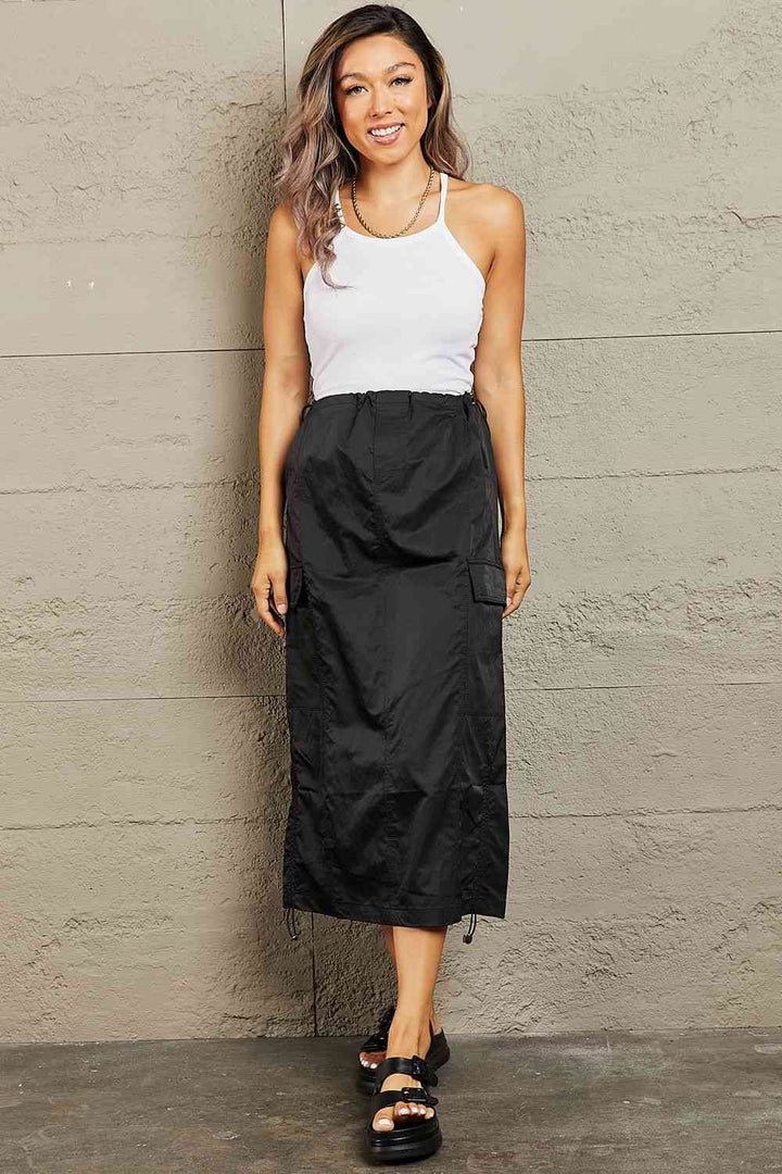 HYFVE Just In Time High Waisted Cargo Midi Skirt in Black |1mrk.com