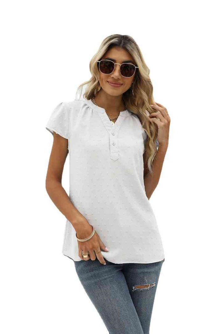 Swiss Dot Notched Neck Short Sleeve Top | 1mrk.com