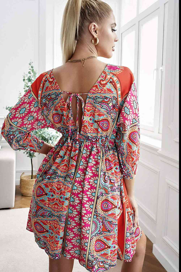 Printed Plunge Tie-Back Babydoll Dress |1mrk.com