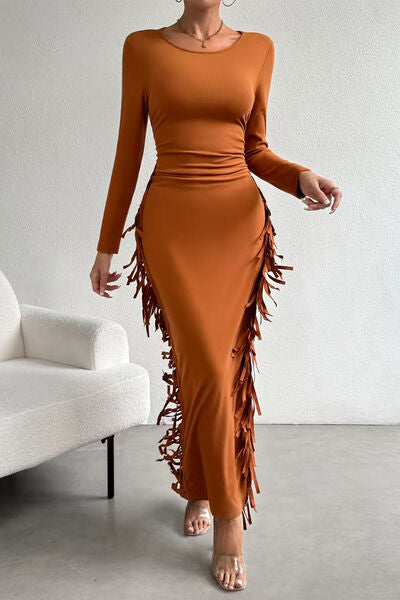 Fringe Slit Round Neck Wrap Dress |1mrk.com