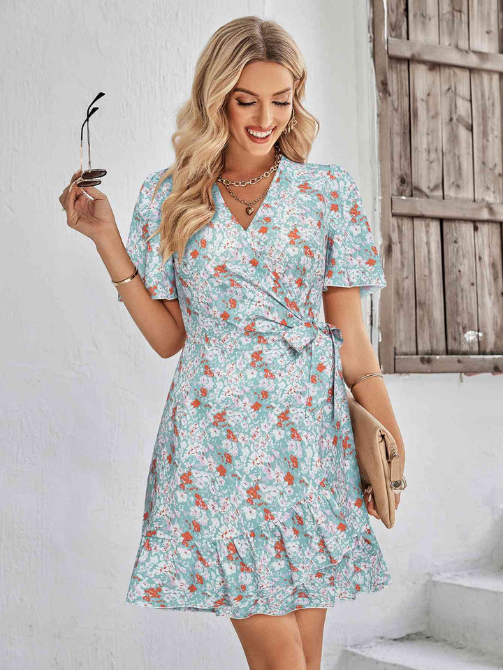 Floral Short Sleeve Ruffle Hem Dress |1mrk.com