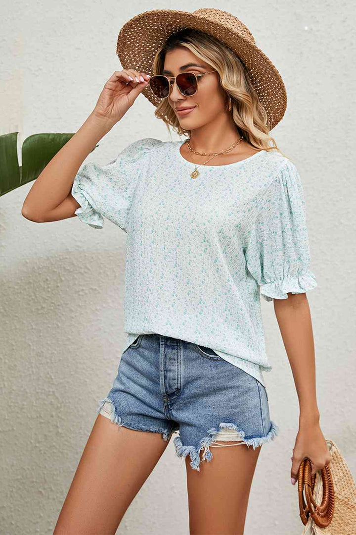 Round Neck Flounce Sleeve Blouse | 1mrk.com