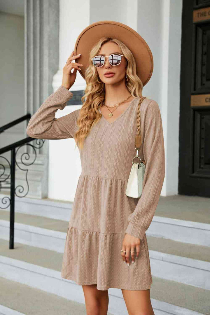 V-Neck Long Sleeve Mini Dress |1mrk.com