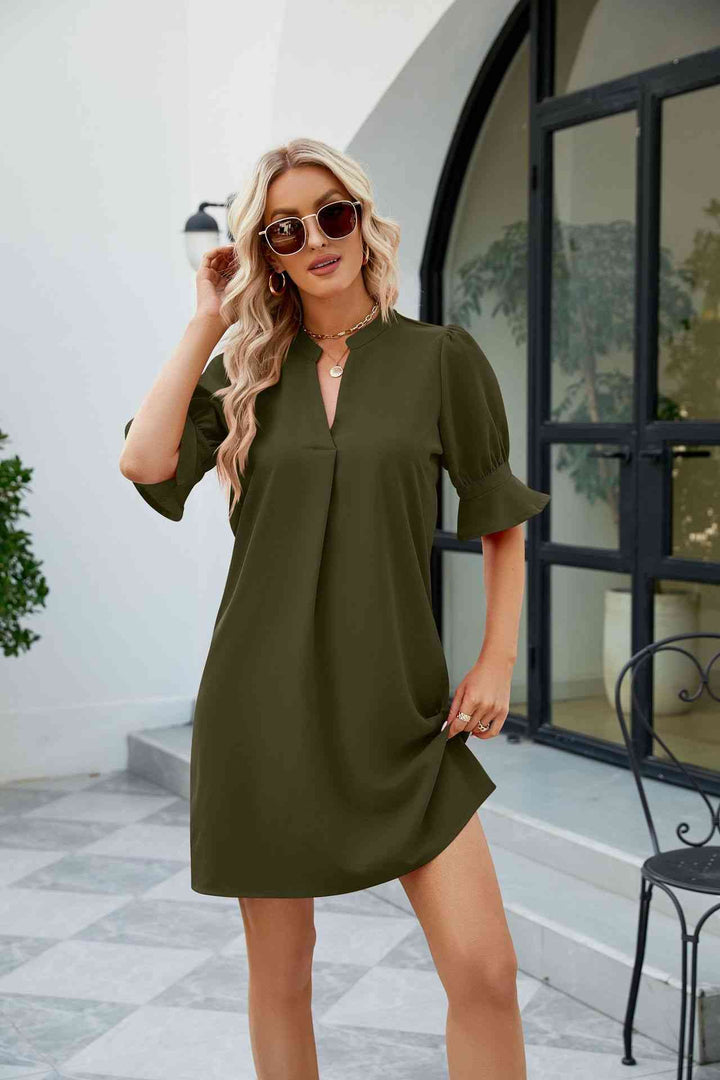 Notched Neck Flounce Sleeve Mini Dress |1mrk.com