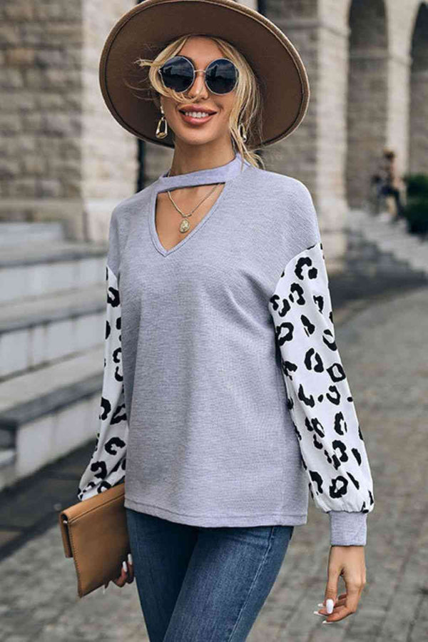 Leopard Print Cutout Long Sleeve Tee | 1mrk.com