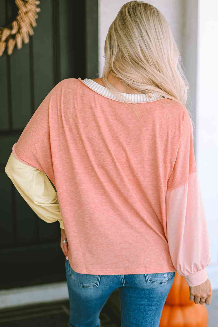 Color Block V-Neck Dropped Shoulder Sweatshirt with Pocket |1mrk.com