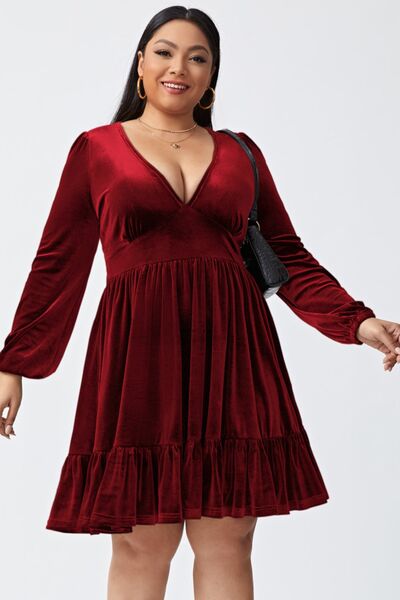 Plus Size Plunge Long Sleeve Mini Dress |1mrk.com