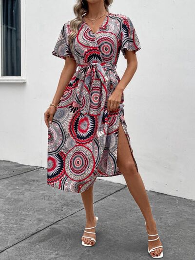 Slit Tied Printed Surplice Dress |1mrk.com