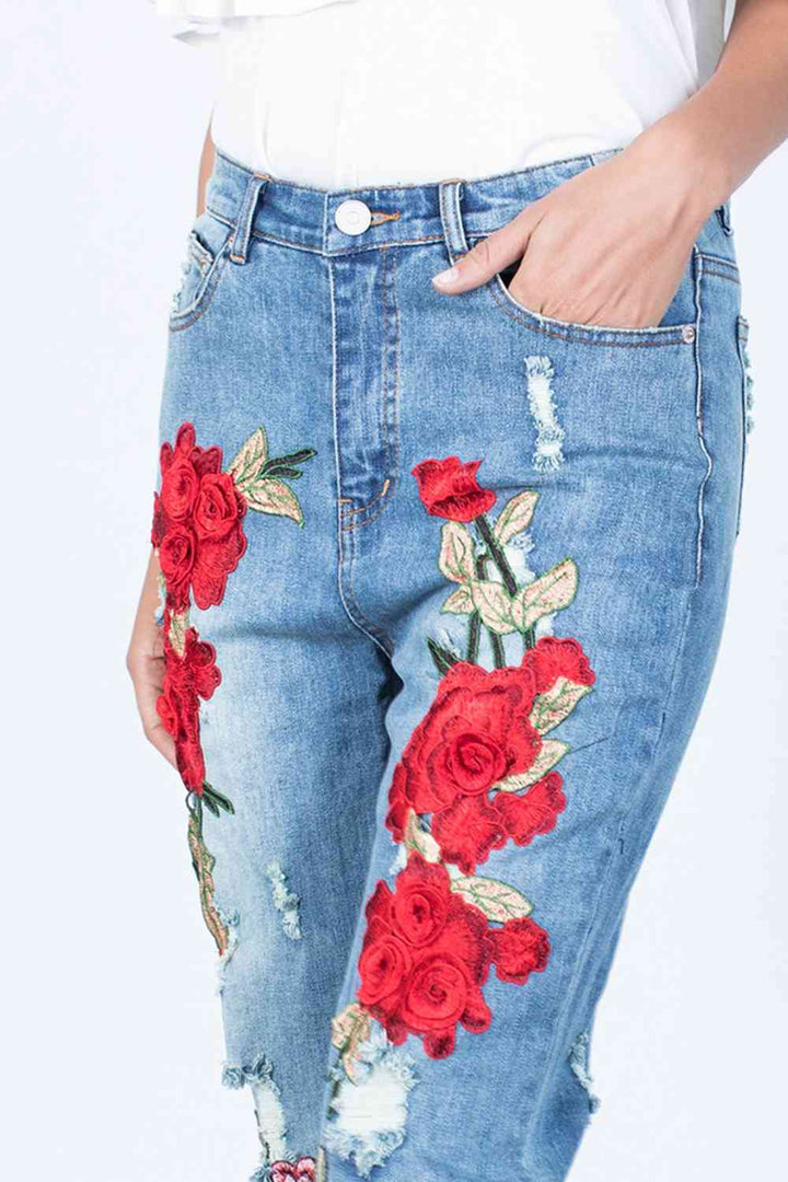 Full Size Flower Embroidery Buttoned Jeans | 1mrk.com