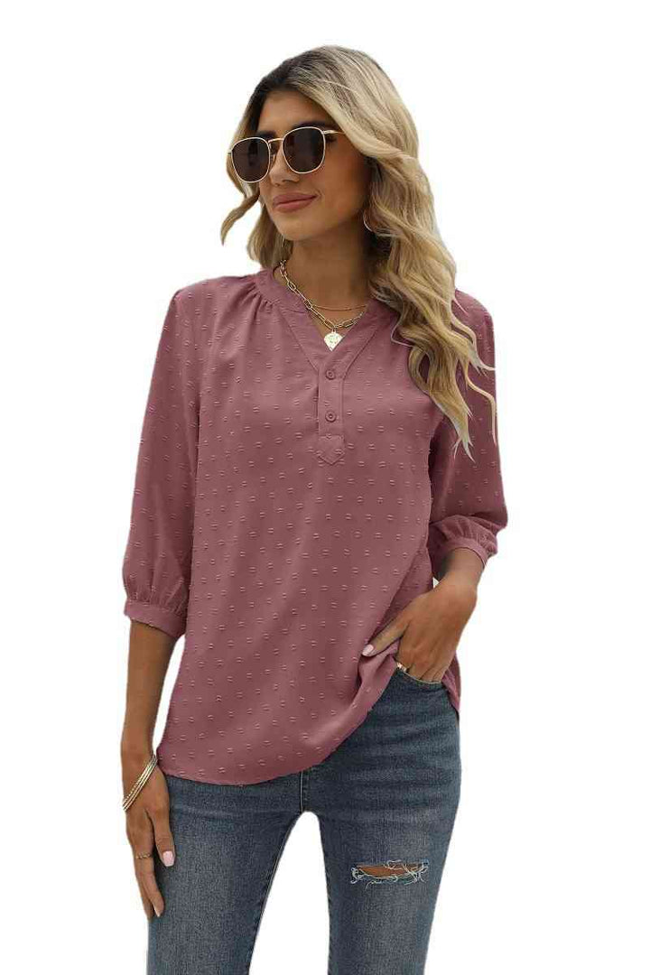 Swiss Dot Notched Neck Three-Quarter Sleeve Blouse | 1mrk.com