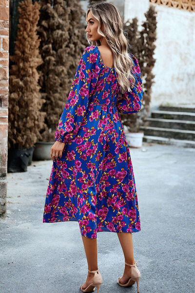 Printed Balloon Sleeve Pocketed Midi Dress |1mrk.com