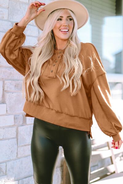 Exposed Seam Half Button Long Sleeve Sweatshirt |1mrk.com