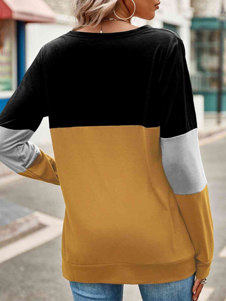 Color Block Cutout Round Neck Long Sleeve T-Shirt | 1mrk.com