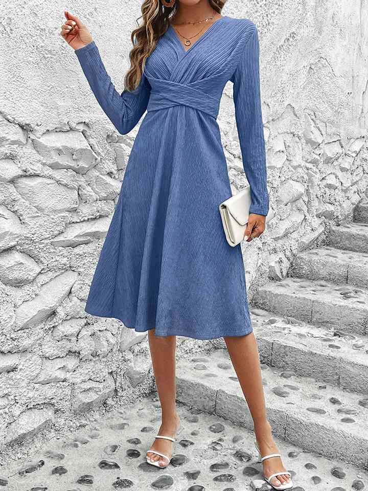 Crisscross Surplice Neck Long Sleeve Dress |1mrk.com