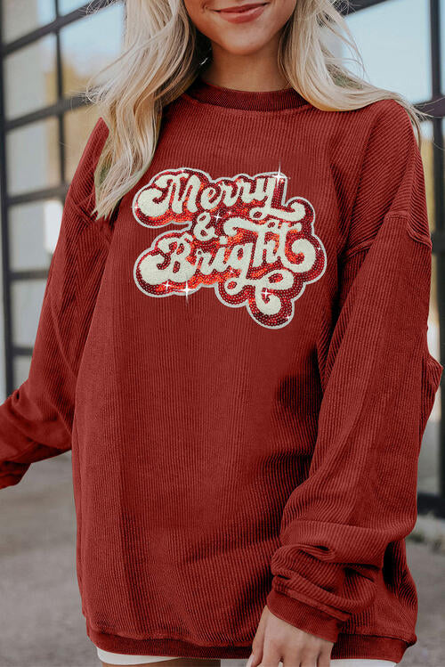 Ribbed Sequin Letter Graphic Round Neck Long Sleeve Sweatshirt |1mrk.com