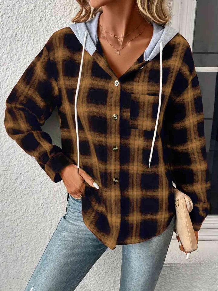 Plaid Drawstring Button Up Hooded Jacket |1mrk.com