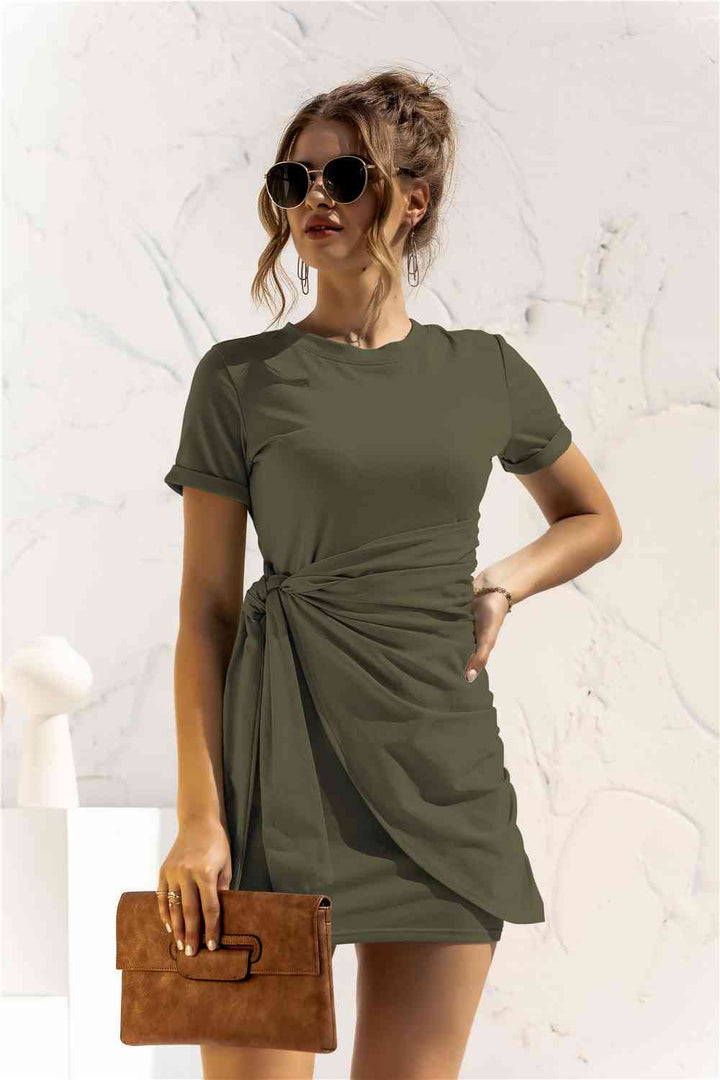 Round Neck Cuffed Sleeve Side Tie Dress |1mrk.com