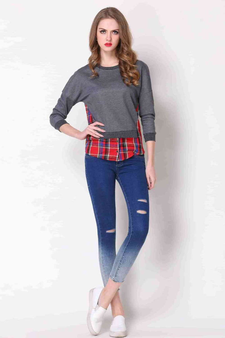 Full Size Plaid Patch Drop Shoulder Round Neck Top | 1mrk.com