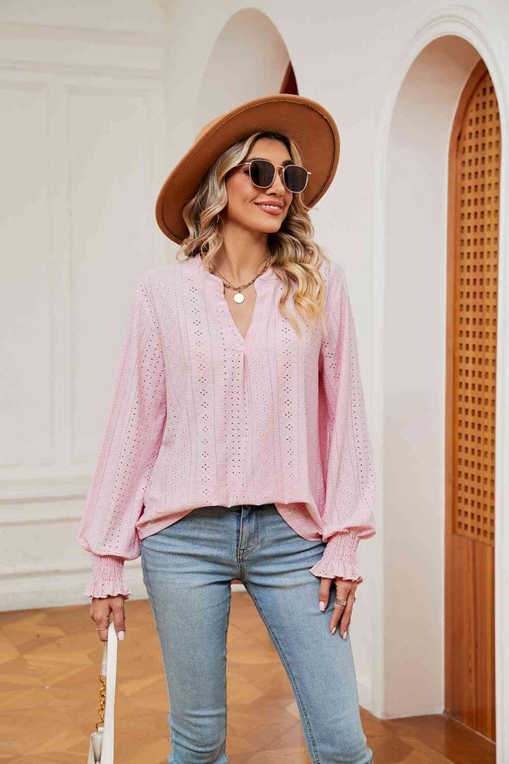 Notched Neck Flounce Sleeve Blouse | 1mrk.com