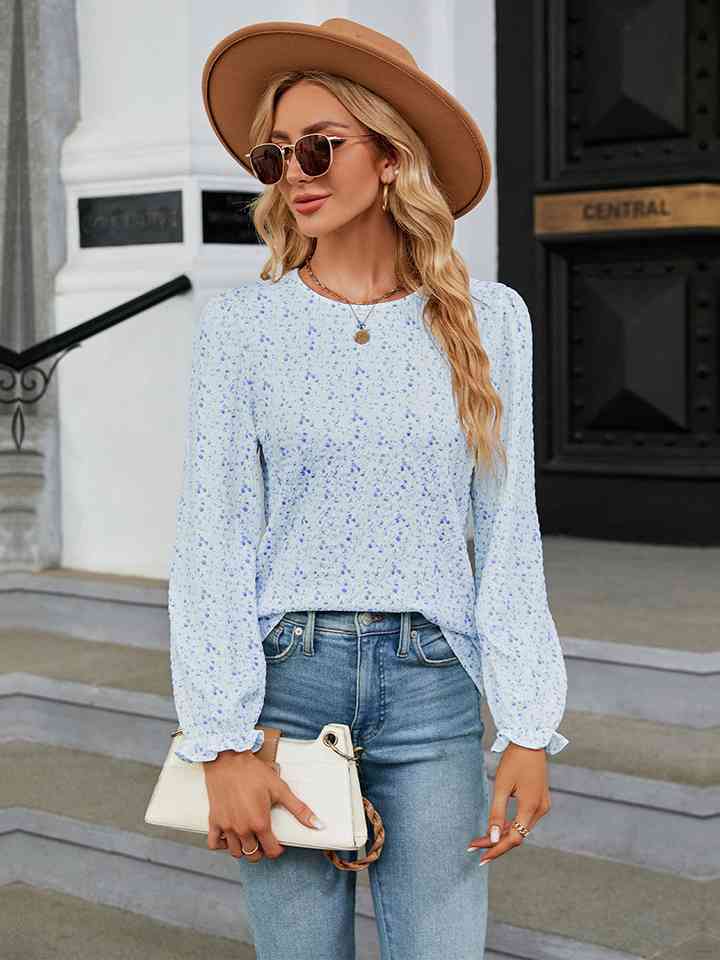 Printed Round Neck Flounce Sleeve Blouse | 1mrk.com