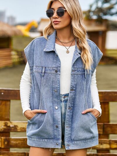 Button Up Collared Neck Sleeveless Denim Jacket | 1mrk.com