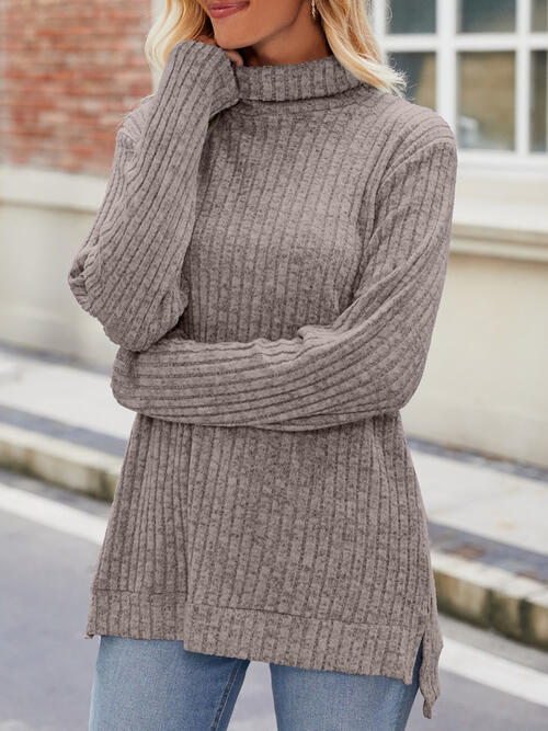 Ribbed Turtleneck Long Sleeve Slit Knit Top | 1mrk.com