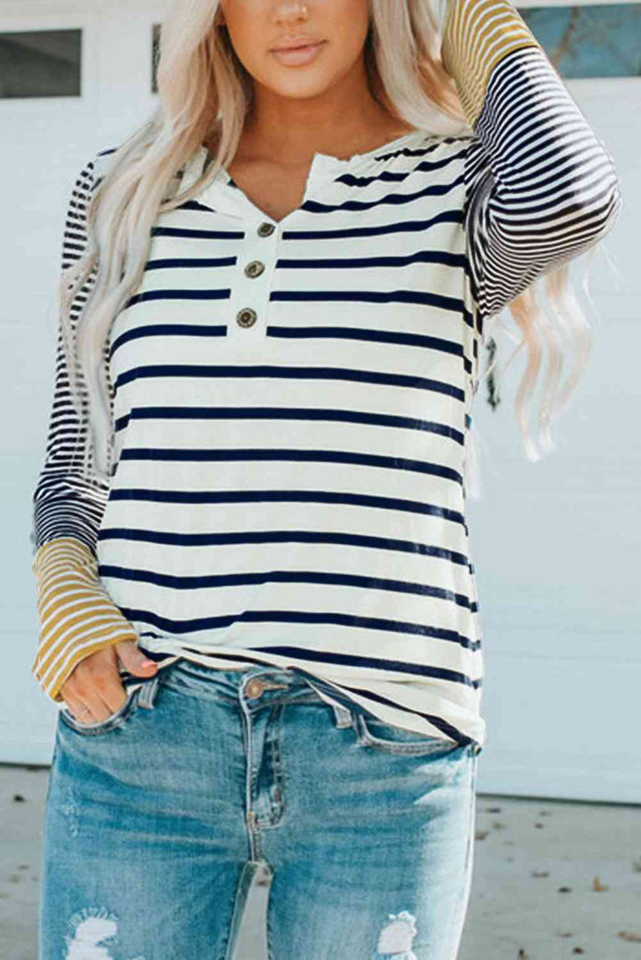 Striped Buttoned Long Sleeve Top | 1mrk.com