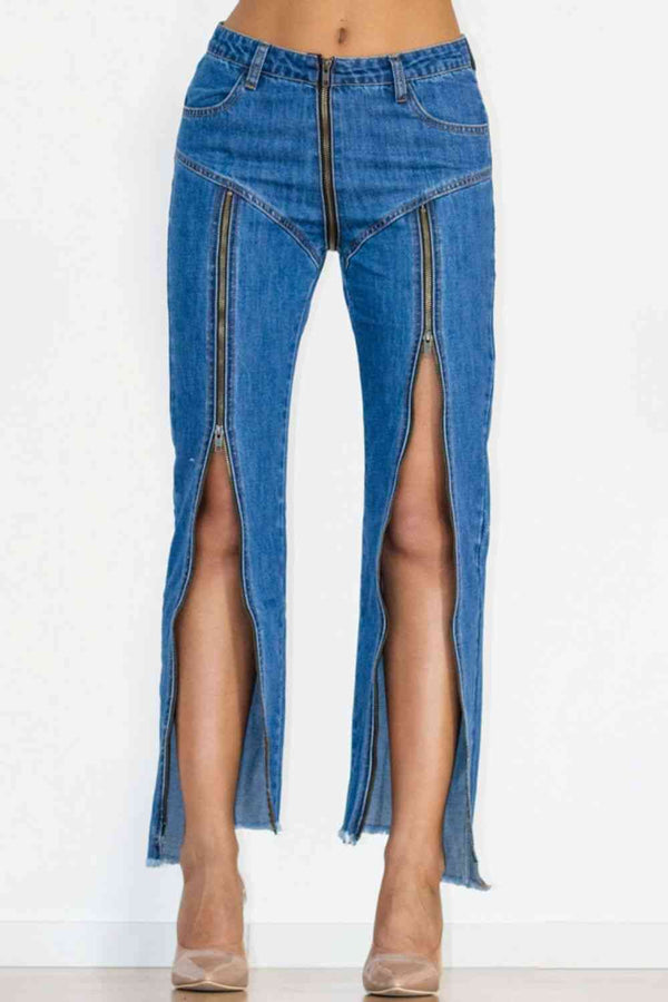 Zip Detail Slit Long Jeans | 1mrk.com