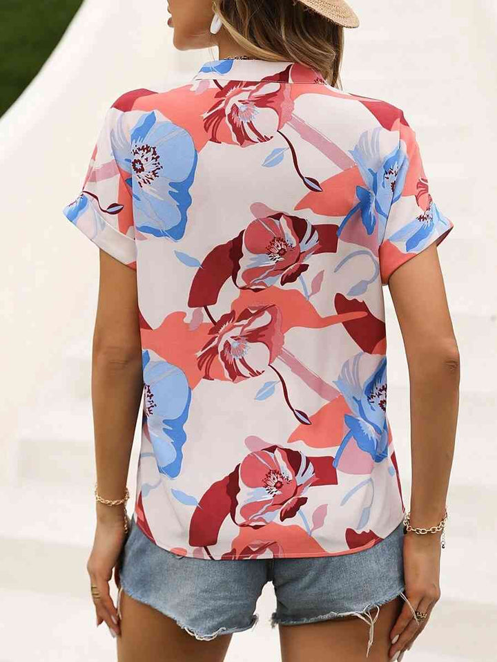 Printed Notched Neck Short Sleeve Blouse | 1mrk.com