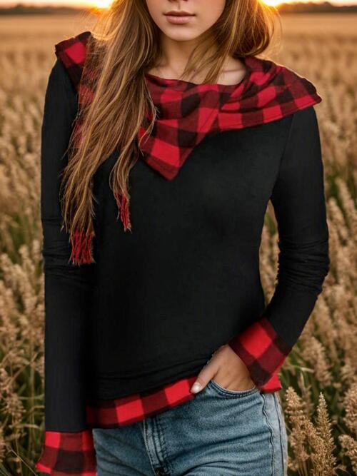 Plaid Long Sleeve Hooded Blouse |1mrk.com