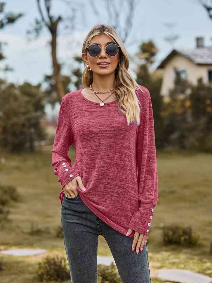 Round Neck Long Sleeve Buttoned T-Shirt | 1mrk.com