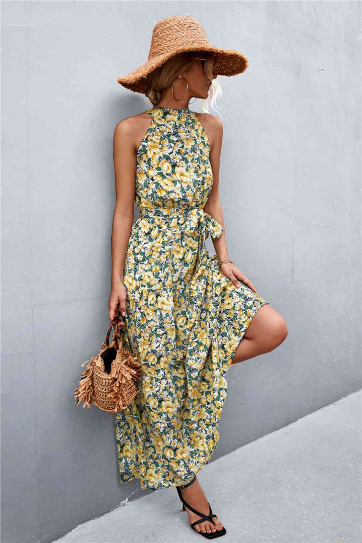 Printed Sleeveless Tie Waist Maxi Dress |1mrk.com