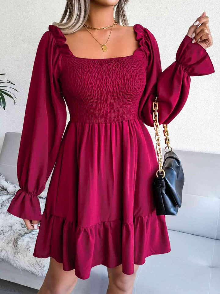 Smocked Flounce Sleeve Square Neck Dress |1mrk.com