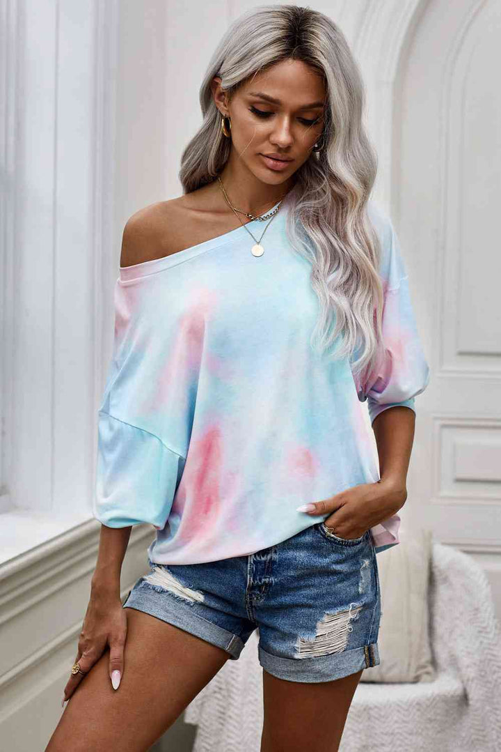 Tie-Dye Boat Neck Batwing Sleeve Tee |1mrk.com