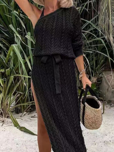 Slit Openwork Single Shoulder Knit Dress |1mrk.com