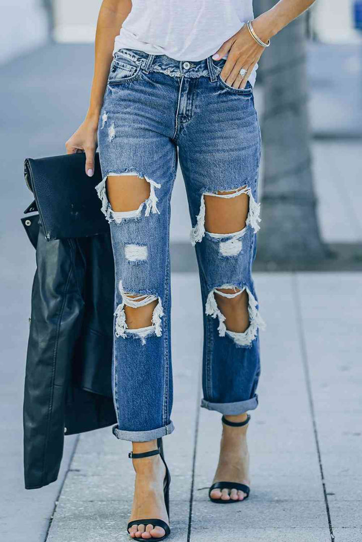Distressed Frayed Trim Straight Leg Jeans | 1mrk.com