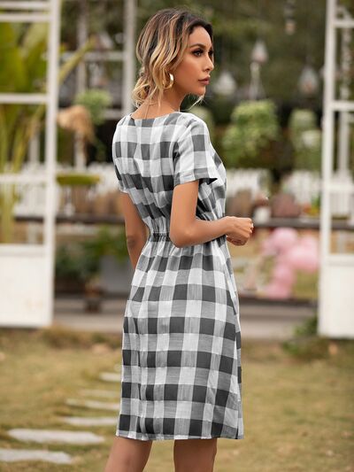 Smocked Plaid Round Neck Short Sleeve Dress | Trendsi