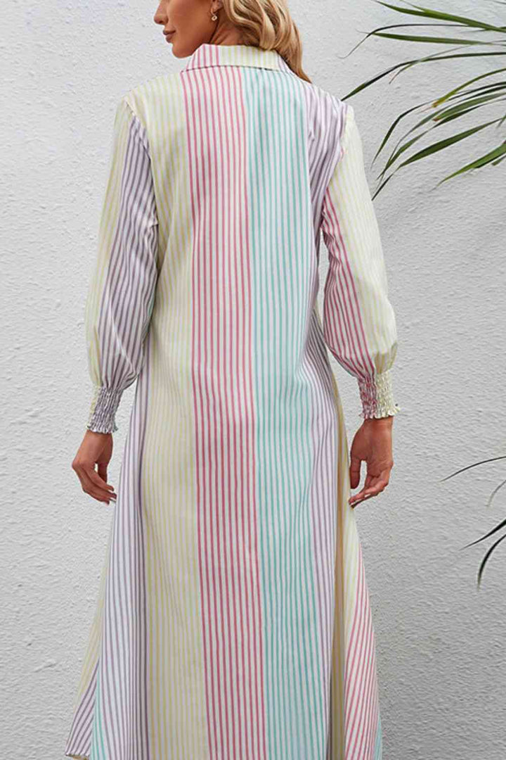 Rainbow Stripe Button-Up Maxi Shirt Dress |1mrk.com