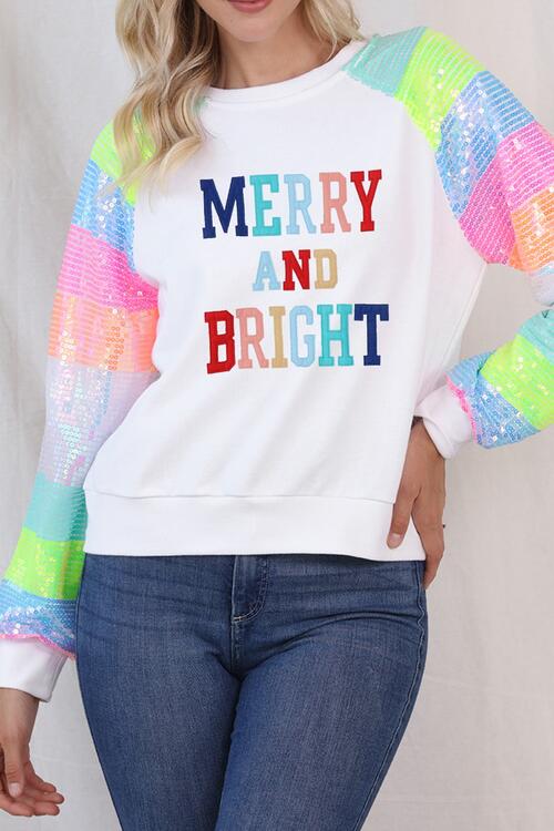 MERRY AND BRIGHT Sequin Long Sleeve Sweatshirt |1mrk.com