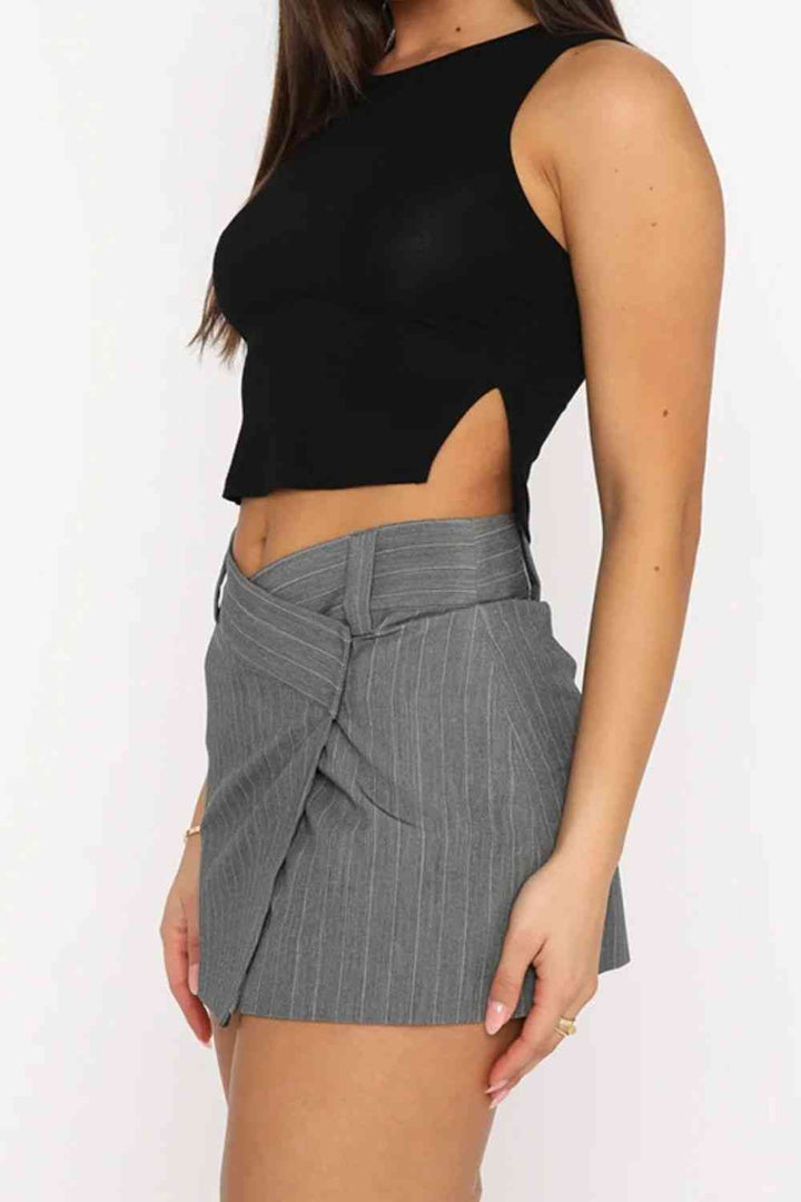 Pinstripe Crossover Waist Mini Skirt |1mrk.com