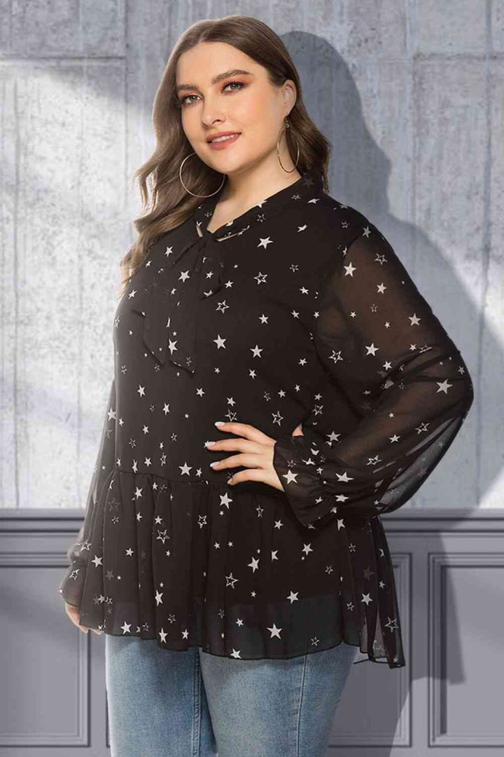 Plus Size Star Print Tie-Neck Peplum Blouse | 1mrk.com