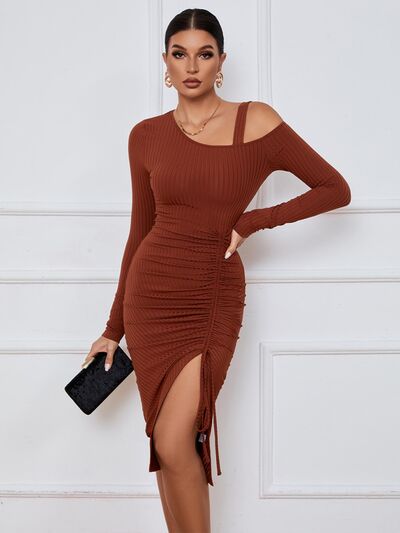 Ribbed Ruched Drawstring Wrap Dress | 1mrk.com