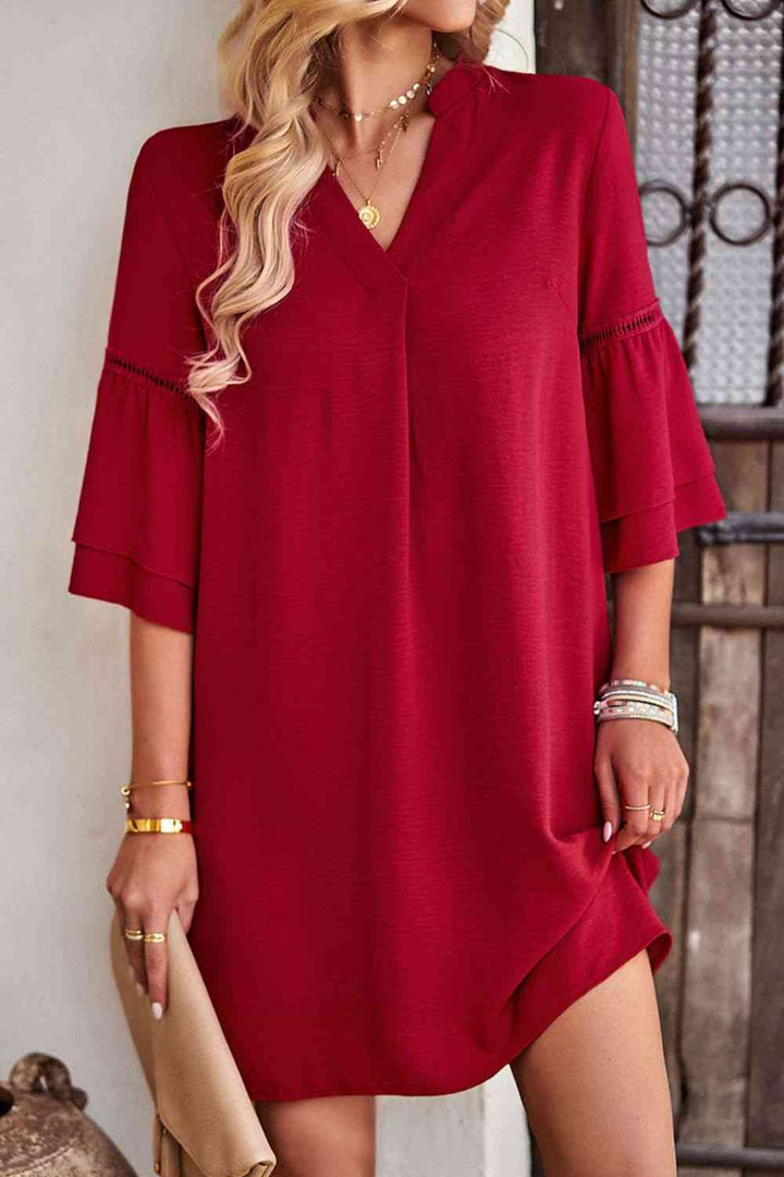 Notched Neck Flare Sleeve Pocket Dress |1mrk.com