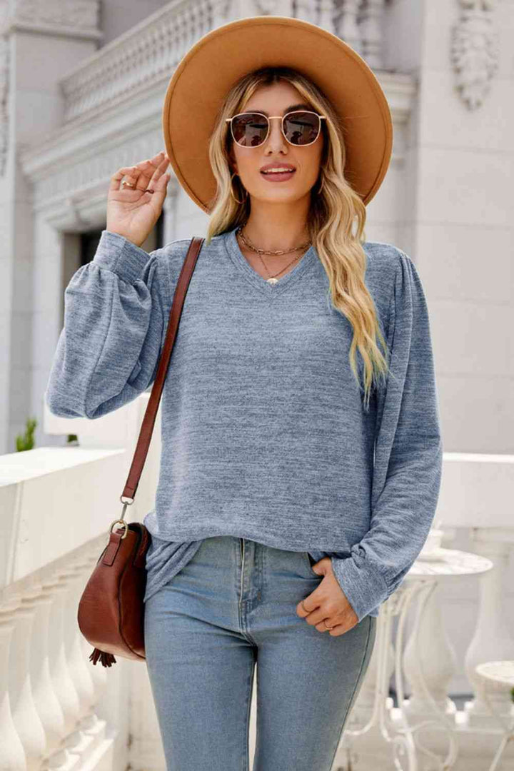 Long Puff Sleeve V-Neck Top | 1mrk.com