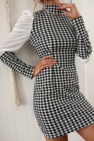 Houndstooth Mock Neck Puff Sleeve Dress |1mrk.com