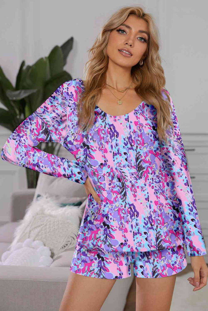 Round Neck Printed Top and Shorts Lounge Set | 1mrk.com