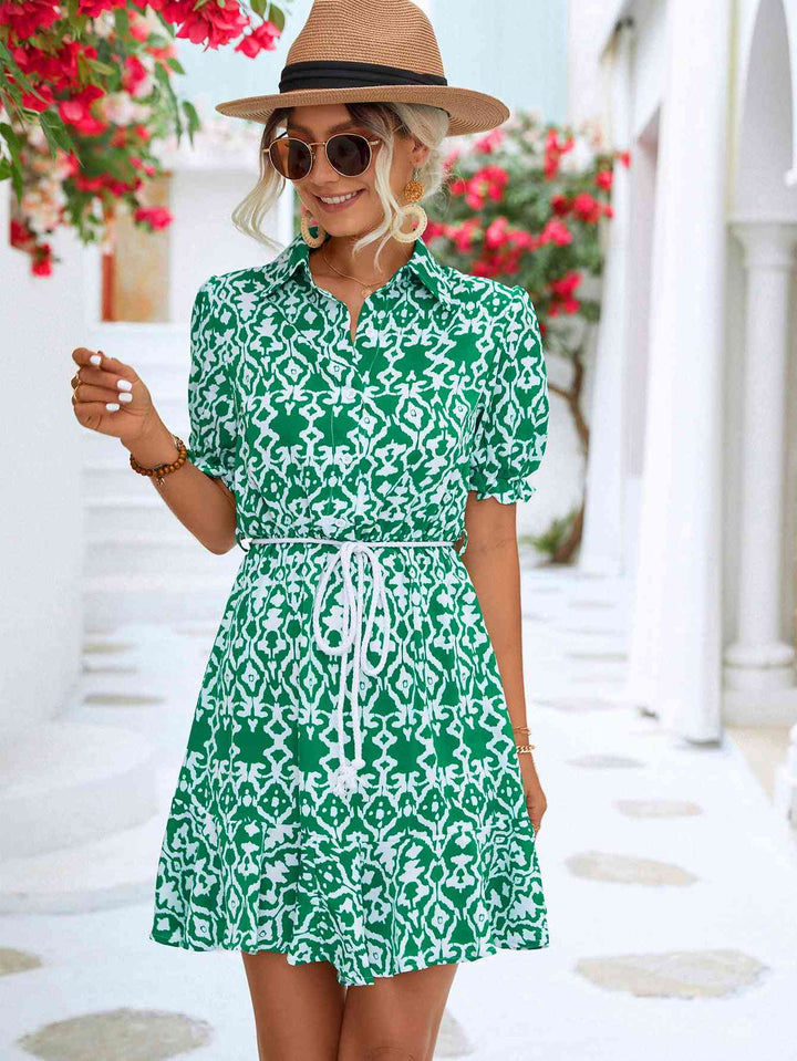 Printed Tie Waist Collared Flounce Sleeve Dress |1mrk.com